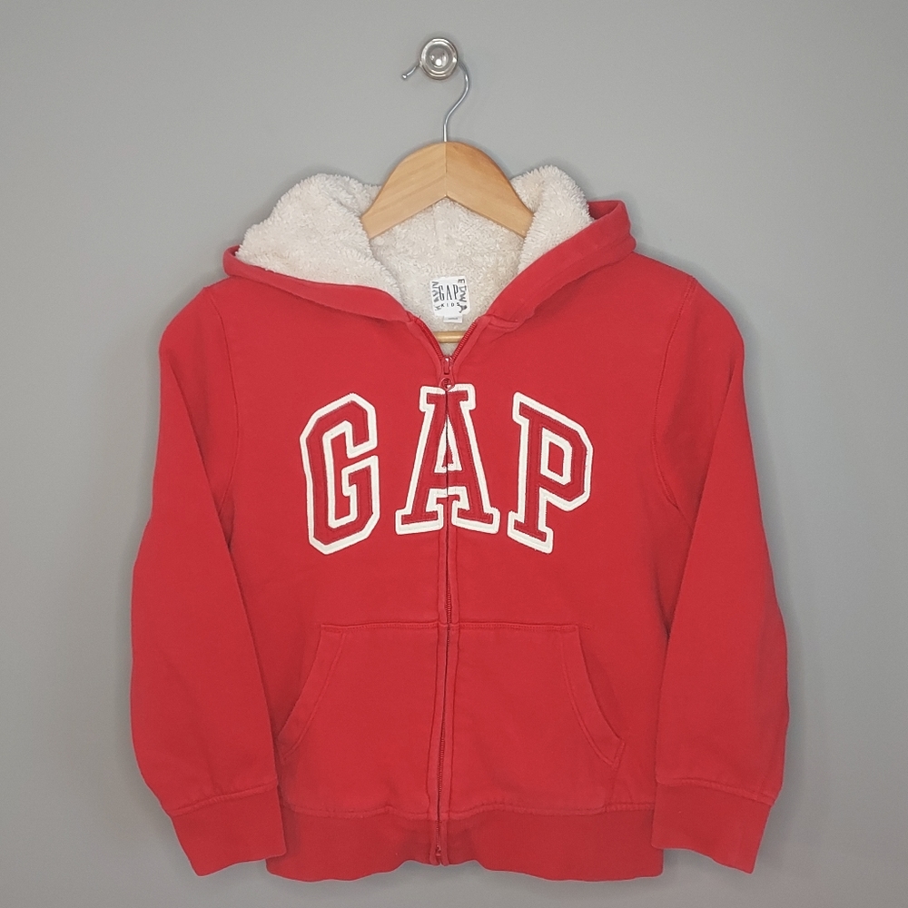Gap, zip front, red fleece lined hoodie, size M (8-9)